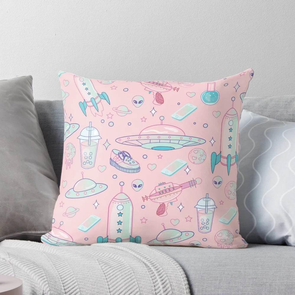 A decorative pillow with a colorful galaxy pattern and pastel goth aesthetic, perfect for adding a touch of cosmic style to your space.