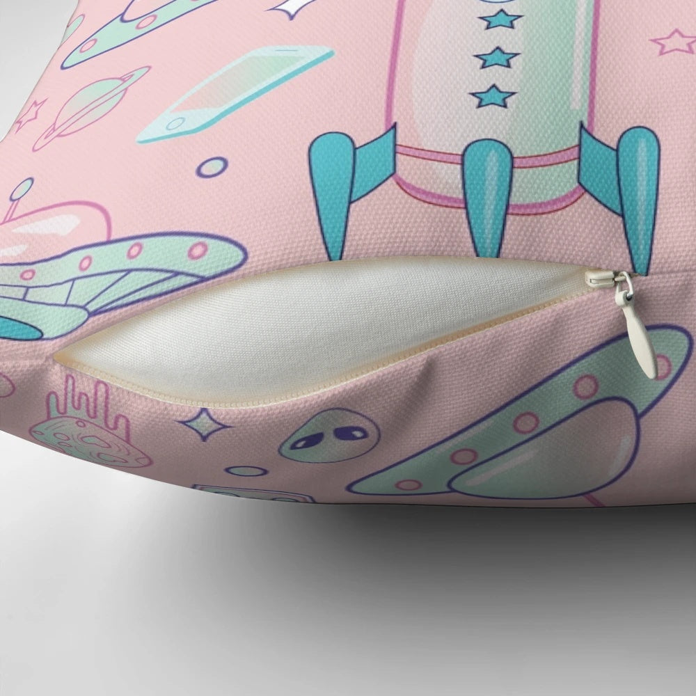 A decorative pillow with a colorful galaxy pattern and pastel goth aesthetic, perfect for adding a touch of cosmic style to your space.
