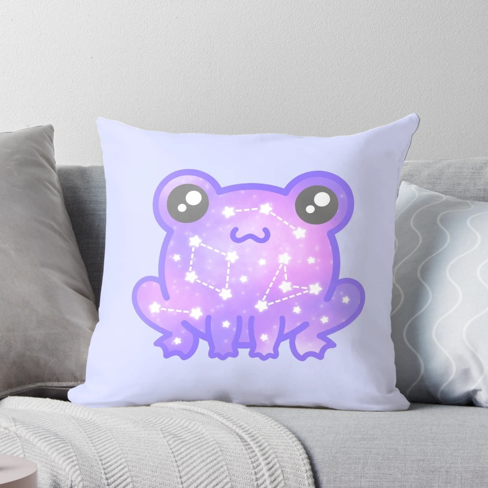 A vibrant galaxy-themed pillow featuring a whimsical frog design, perfect for frog and space enthusiasts.