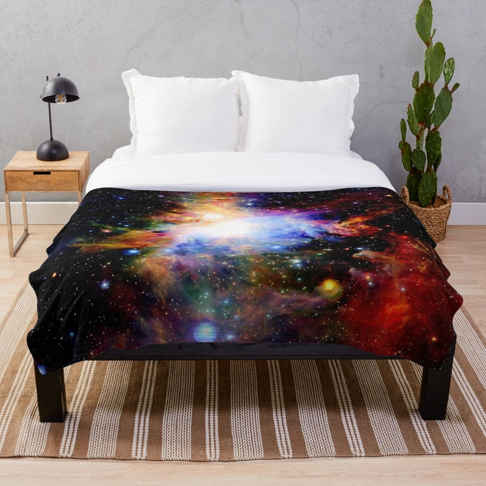 Colorful galaxy plush blanket with vibrant Orion nebula design