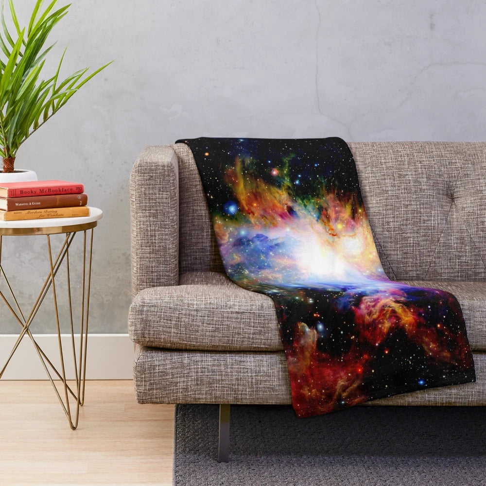 Colorful galaxy plush blanket with vibrant Orion nebula design