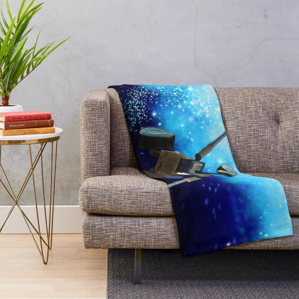 Soft and cozy plush blanket with a galaxy print design and depiction of the Wall-E robot