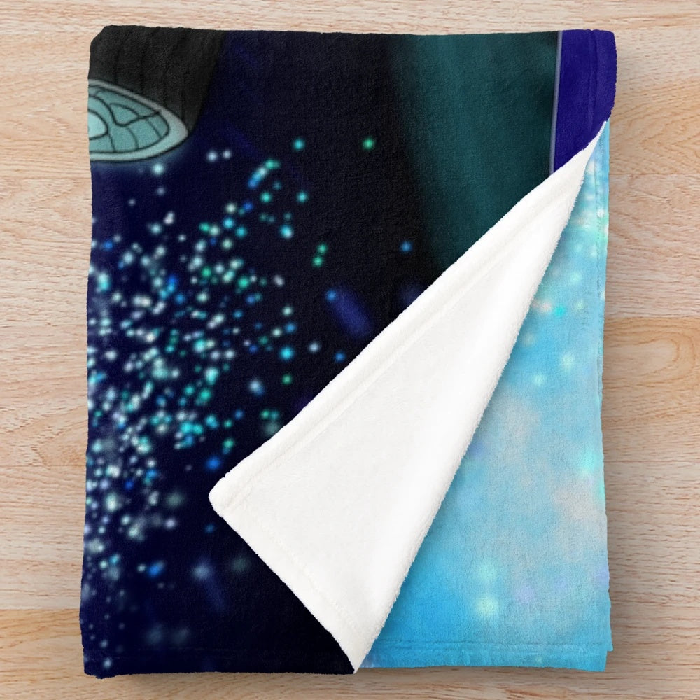 Soft and cozy plush blanket with a galaxy print design and depiction of the Wall-E robot