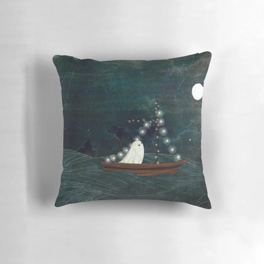 Ghostly sail boat floating on a night sky of stars and moon, a spooky yet whimsical accent pillow for home decor