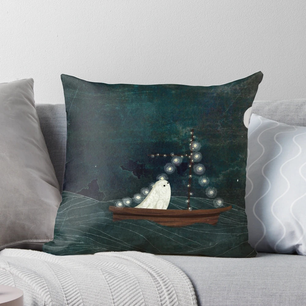 Ghostly sail boat floating on a night sky of stars and moon, a spooky yet whimsical accent pillow for home decor