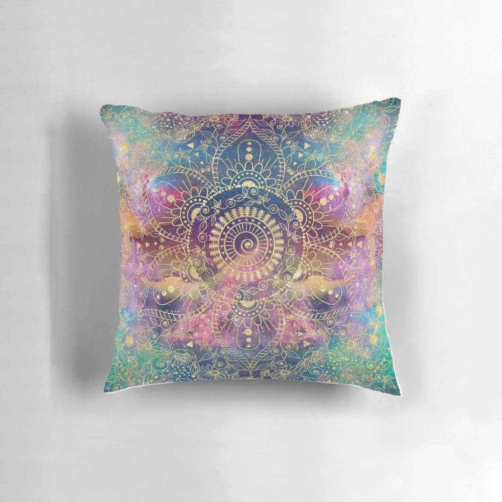 Vibrant gold mandala watercolor pillow with a nebula-inspired design, perfect for adding a touch of mystic elegance to your space.