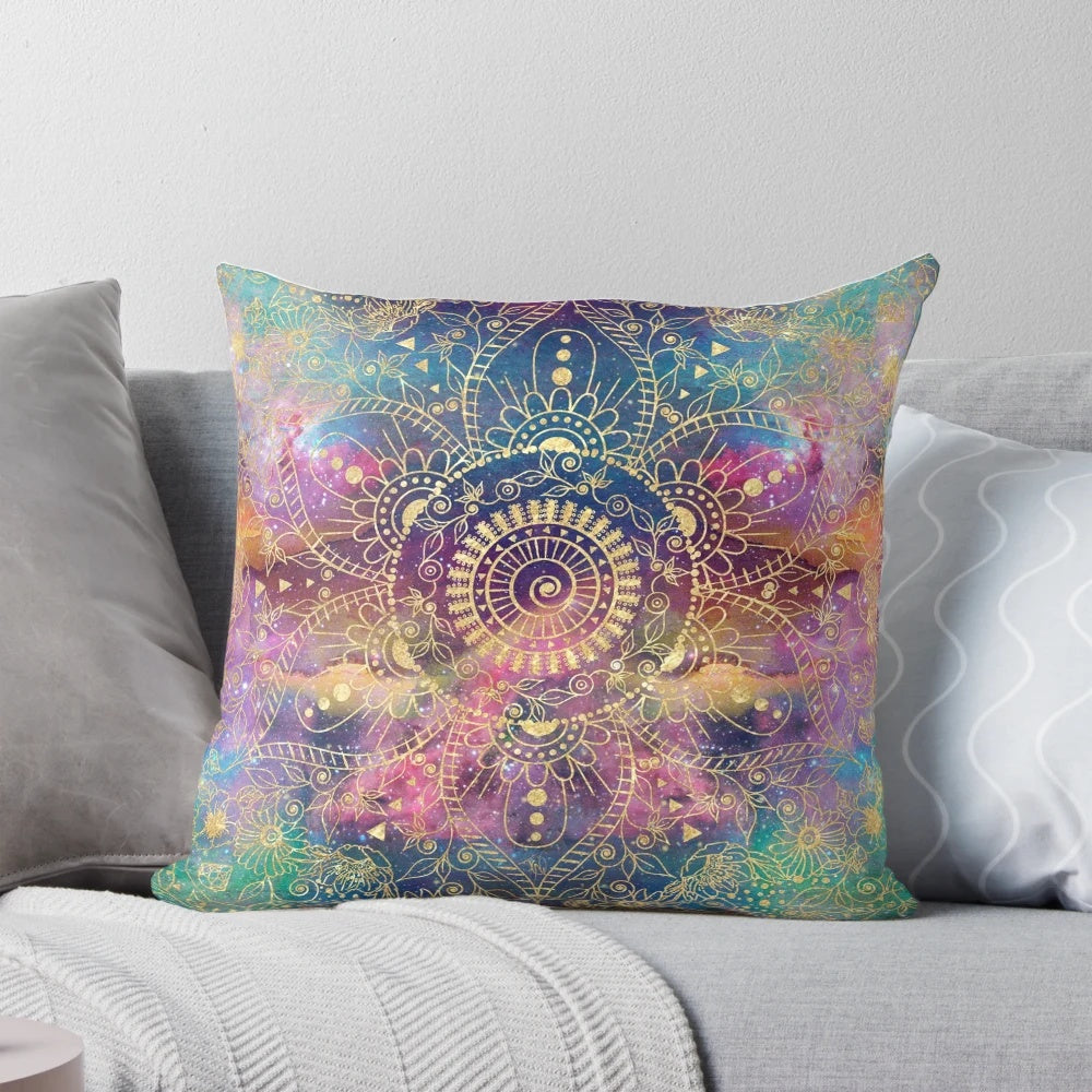 Vibrant gold mandala watercolor pillow with a nebula-inspired design, perfect for adding a touch of mystic elegance to your space.
