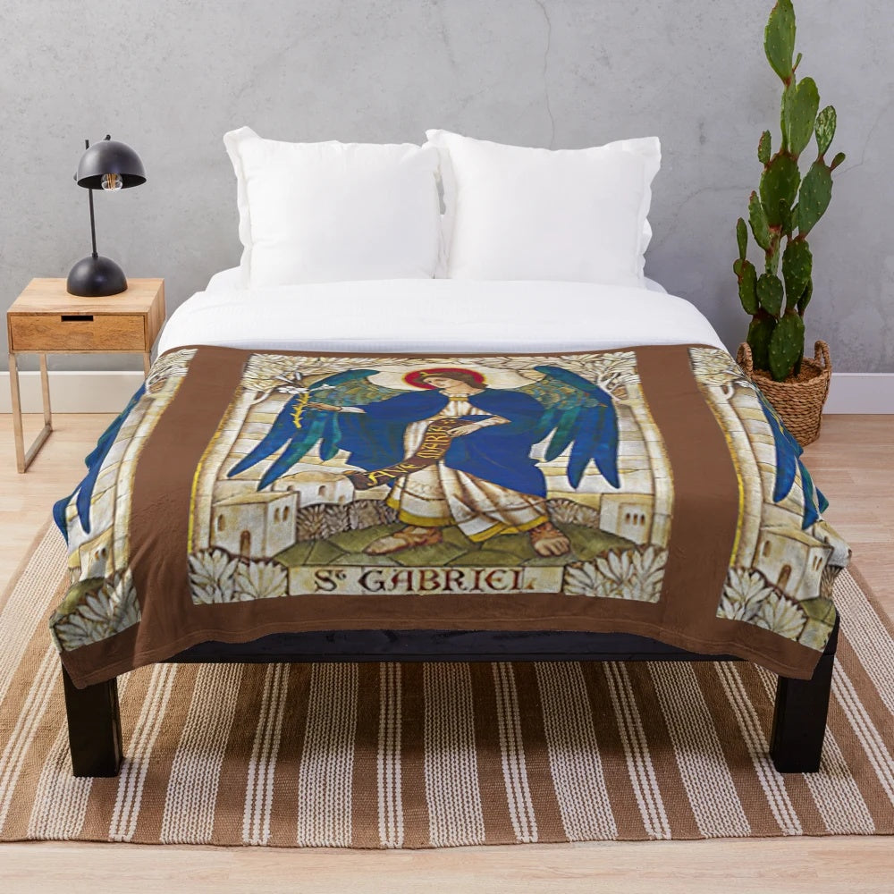 Plush blanket featuring a Catholic saint archangel design for protection from evil