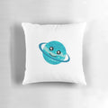 Colorful cartoon illustration of a happy planet with rings and stars on a teal blue green throw pillow