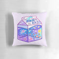 A colorful, glow-in-the-dark pillow featuring a Milky Way galaxy and milk carton design, perfect for creating a cozy, cosmic ambiance.