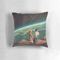 A beautiful digital collage pillow featuring a couple embracing under a starry, cosmic sky with planets and flowers.