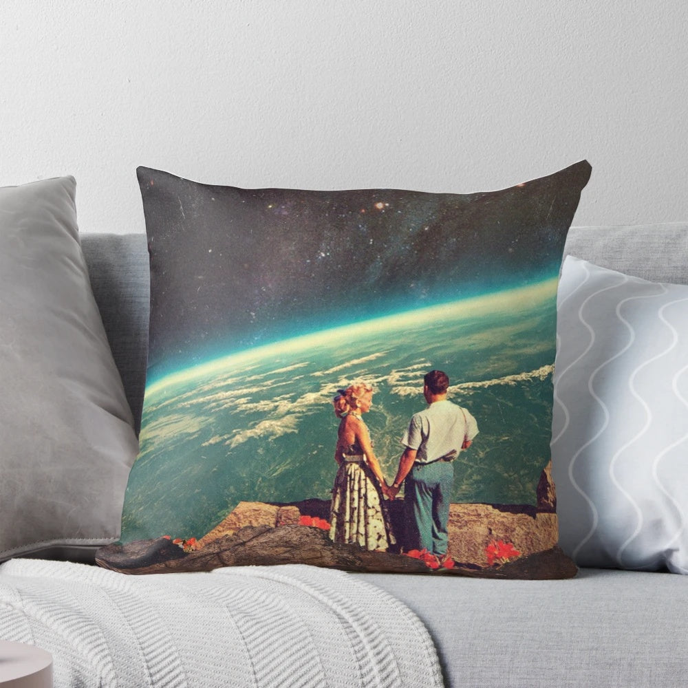 A beautiful digital collage pillow featuring a couple embracing under a starry, cosmic sky with planets and flowers.