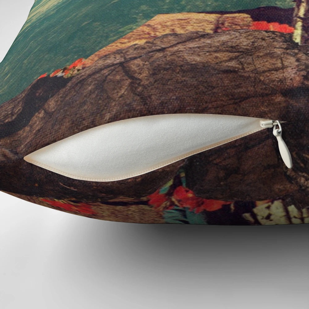 A beautiful digital collage pillow featuring a couple embracing under a starry, cosmic sky with planets and flowers.