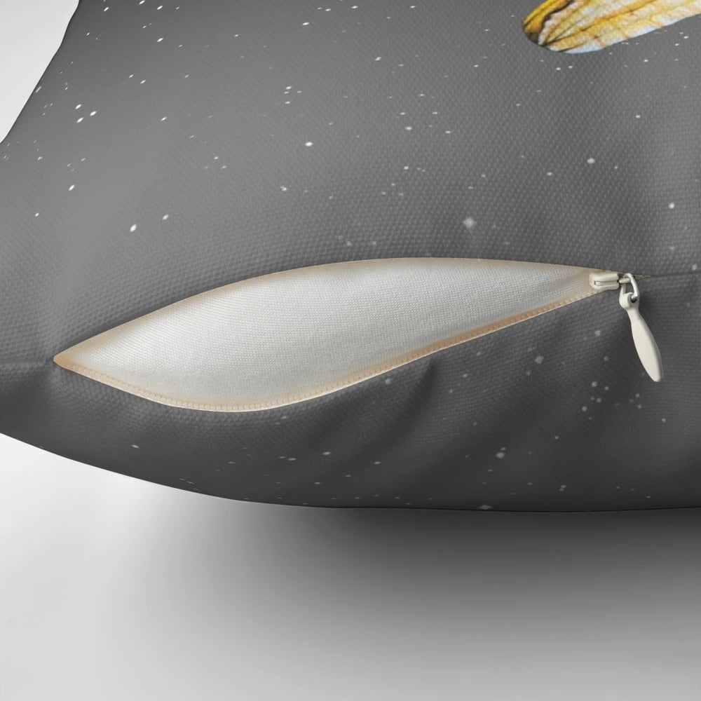 Whimsical moon-shaped banana pillow with stars and cosmic elements, perfect for surreal and abstract space-themed home decor.