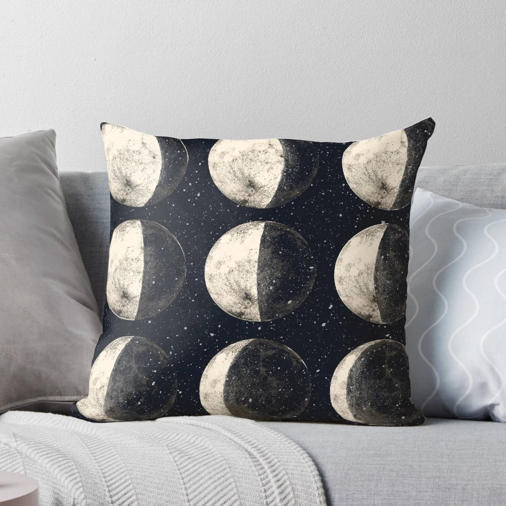 Soft and cozy moon cycle pillow featuring a galaxy design, perfect for stargazers and space enthusiasts.