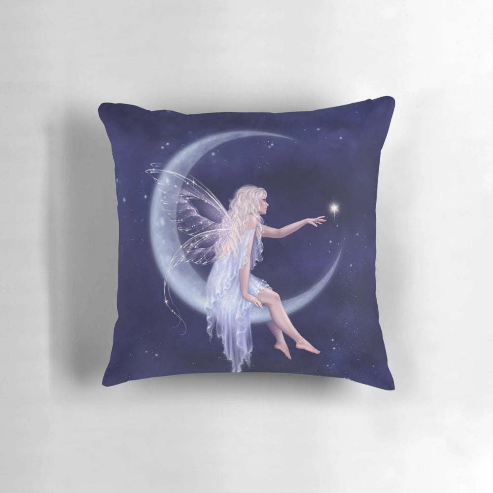 Soft, plush moon fairy pillow with crescent moon and stars in a dreamy, starry night design.