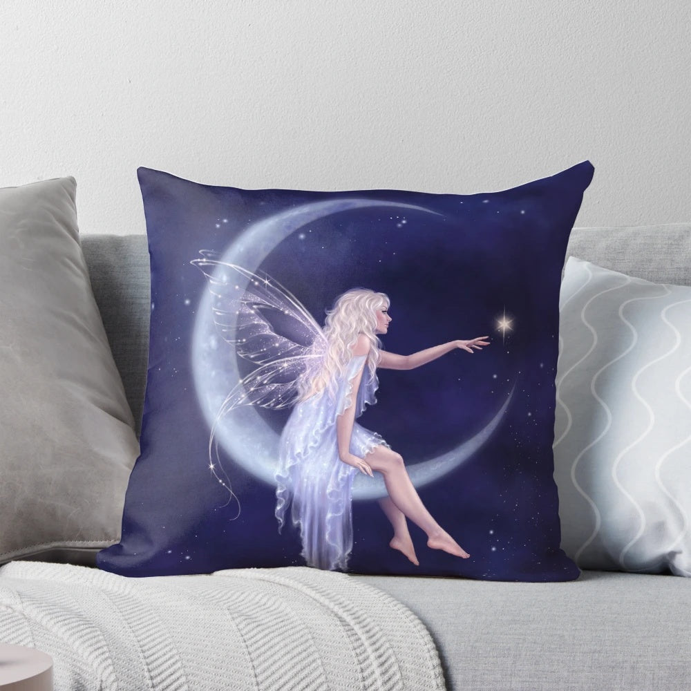 Soft, plush moon fairy pillow with crescent moon and stars in a dreamy, starry night design.