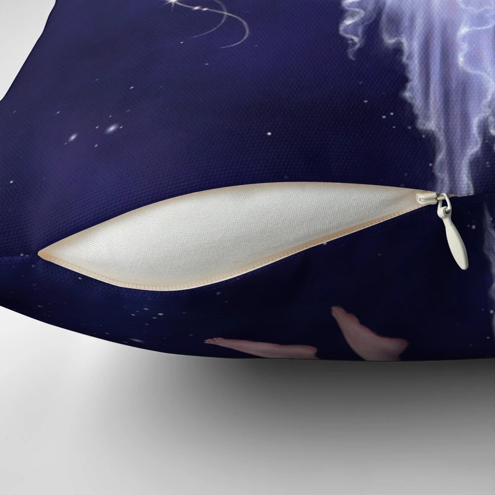 Soft, plush moon fairy pillow with crescent moon and stars in a dreamy, starry night design.