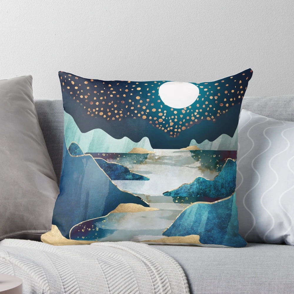 Celestial moon glow nature landscape wall art with stars and mountains