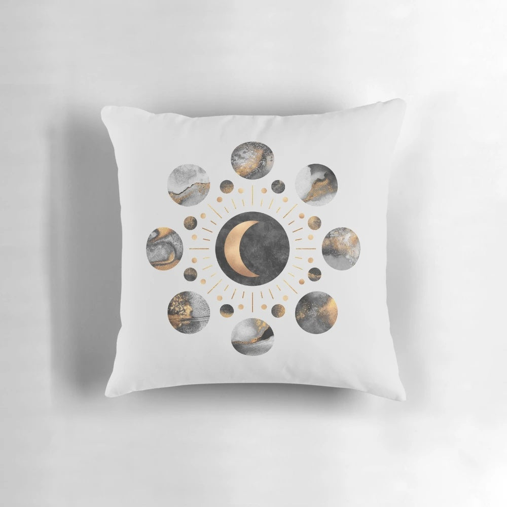 Soft, plush moon-shaped pillow with a crescent moon design, perfect for a space-themed bedroom or living room.