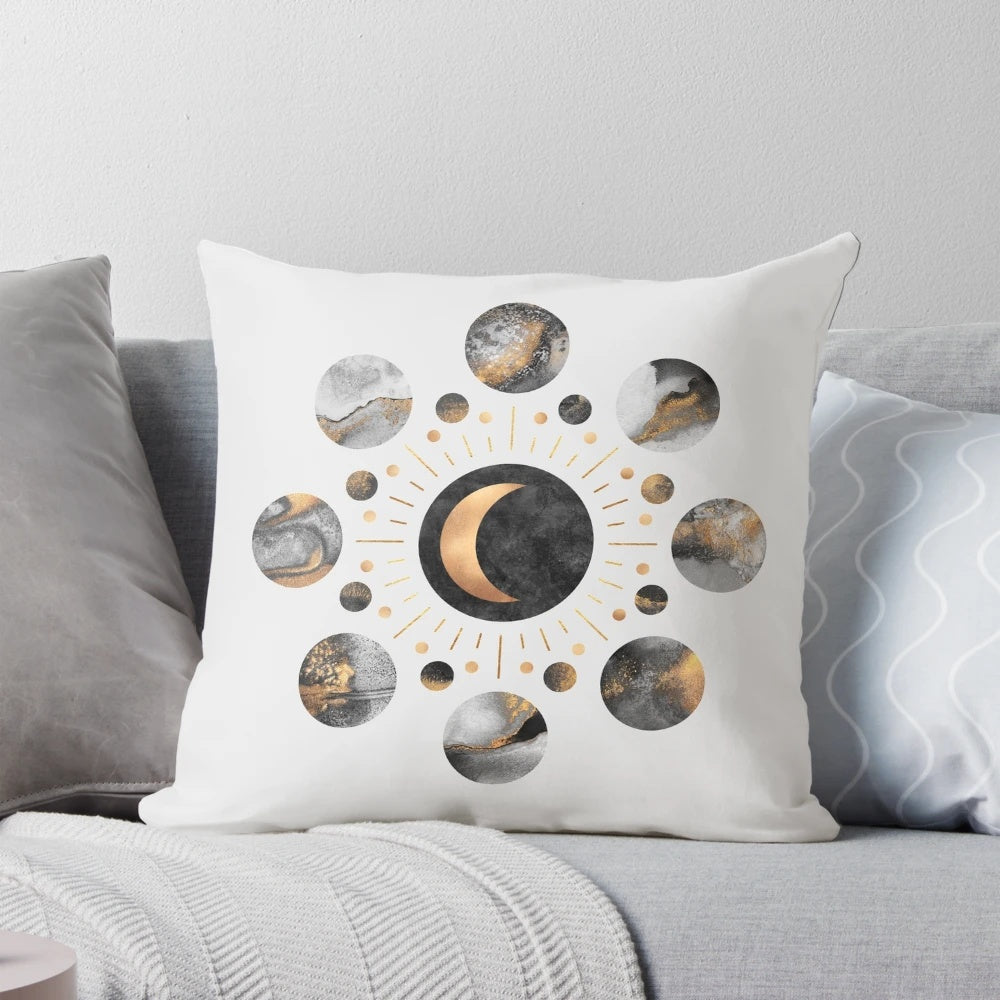 Soft, plush moon-shaped pillow with a crescent moon design, perfect for a space-themed bedroom or living room.
