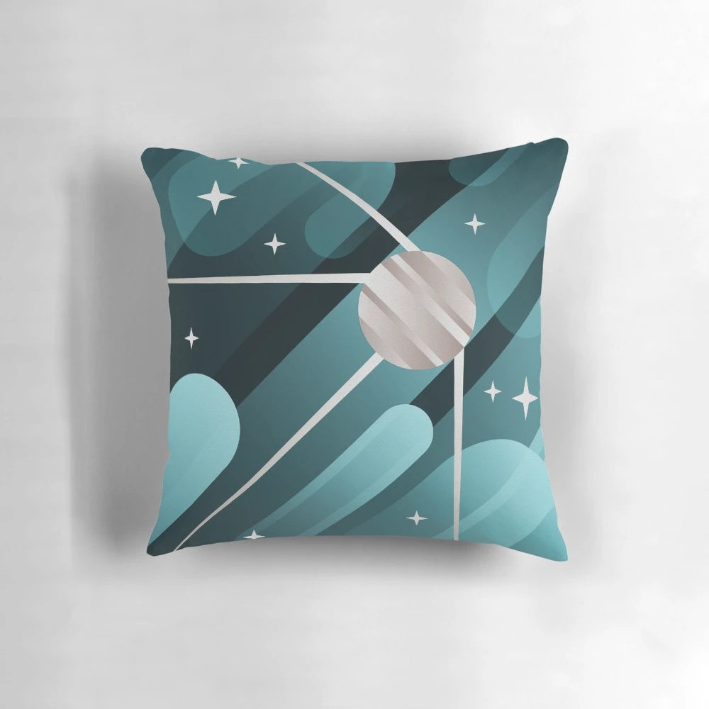 Decorative moon-themed pillow with a geometric, vector art design