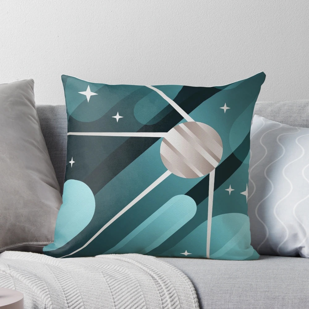 Decorative moon-themed pillow with a geometric, vector art design