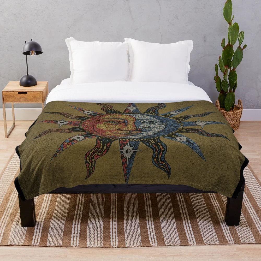 Vintage celestial mosaic sun and moon plush blanket