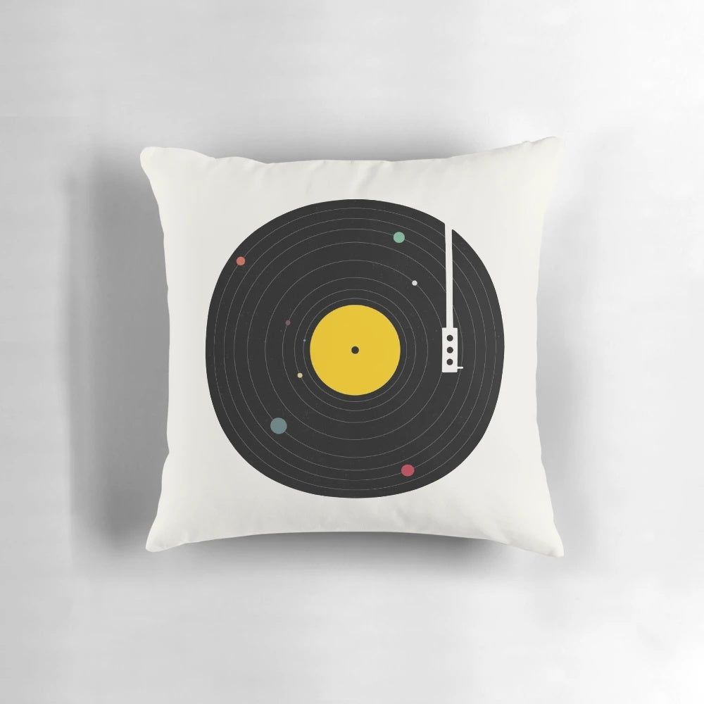 Celestial-themed throw pillow with a retro record player design