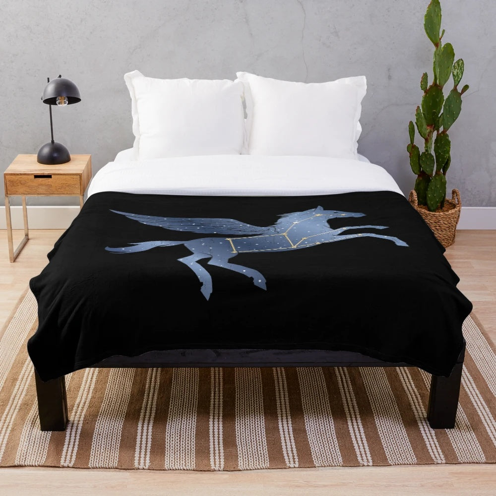 Pegasus-inspired plush blanket with celestial and mythical creature design