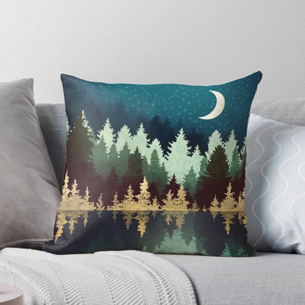 Stunning pillow with a serene forest landscape reflected in tranquil blue waters under a starry sky
