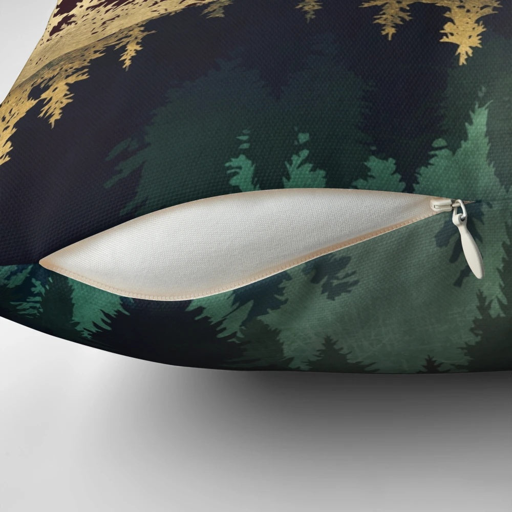 Stunning pillow with a serene forest landscape reflected in tranquil blue waters under a starry sky