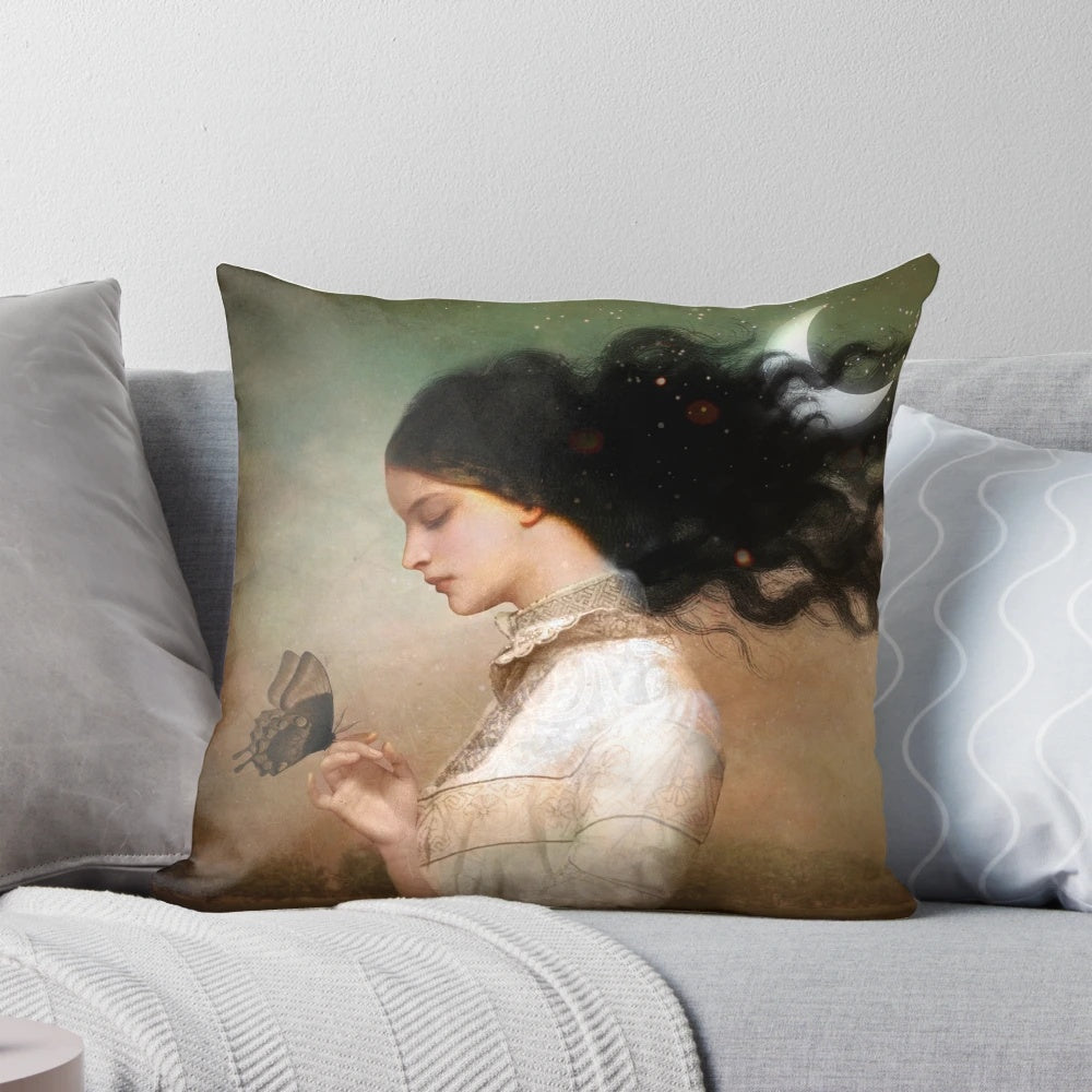 A cozy pillow featuring a night sky design with stars and a crescent moon