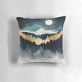 Indigo and gold abstract night sky pillow with trees, mountains, and stars