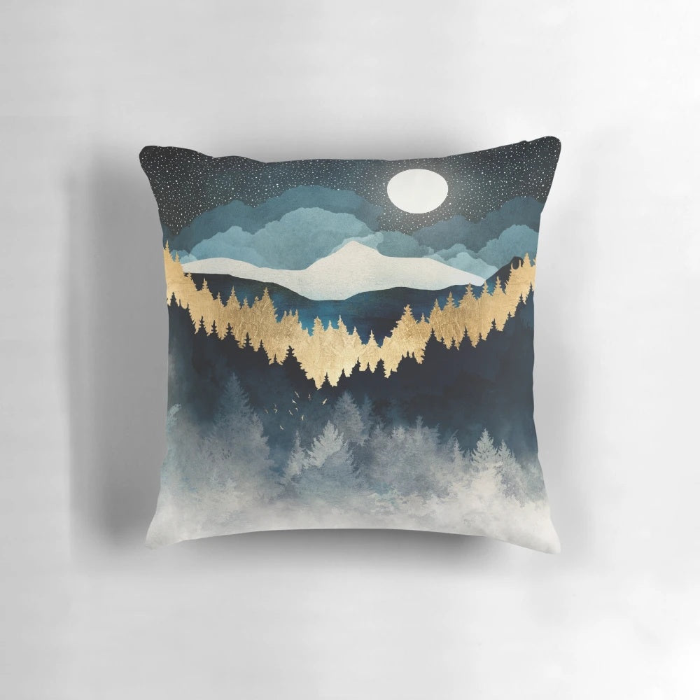 Indigo and gold abstract night sky pillow with trees, mountains, and stars