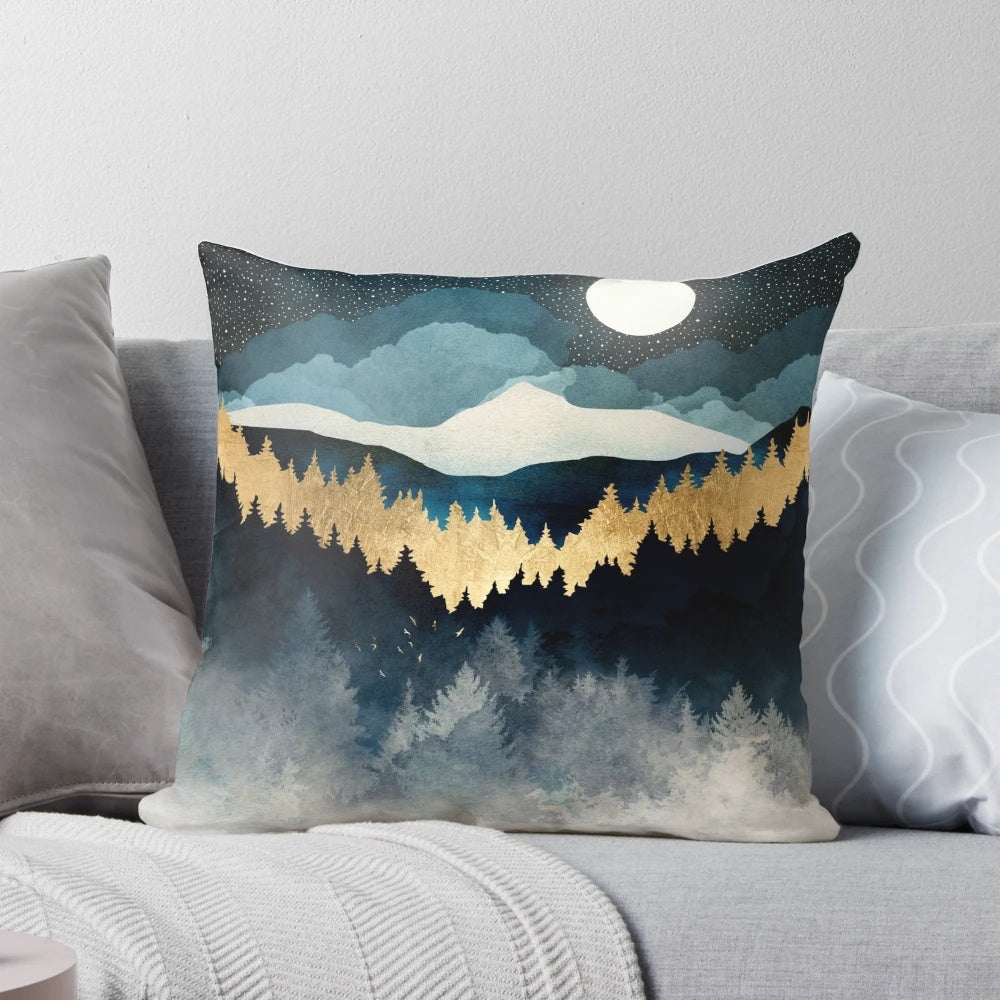 Indigo and gold abstract night sky pillow with trees, mountains, and stars