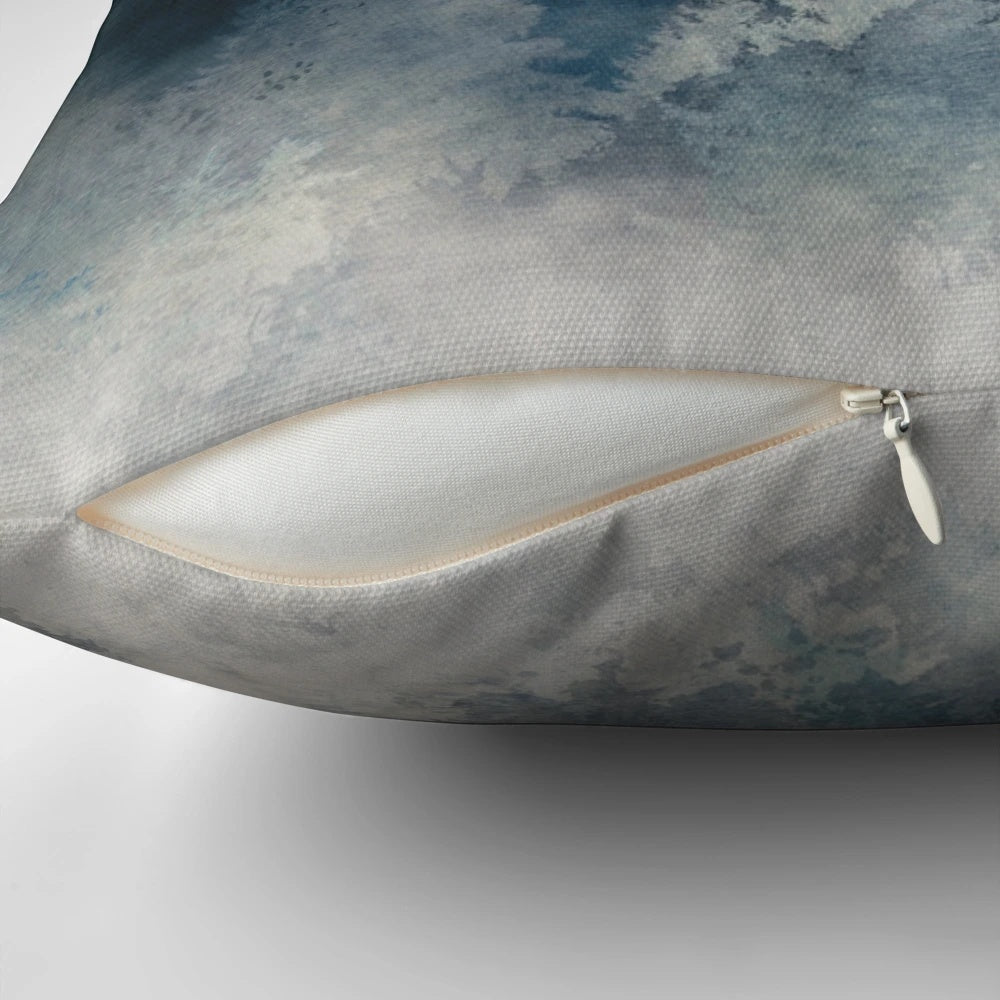 Indigo and gold abstract night sky pillow with trees, mountains, and stars