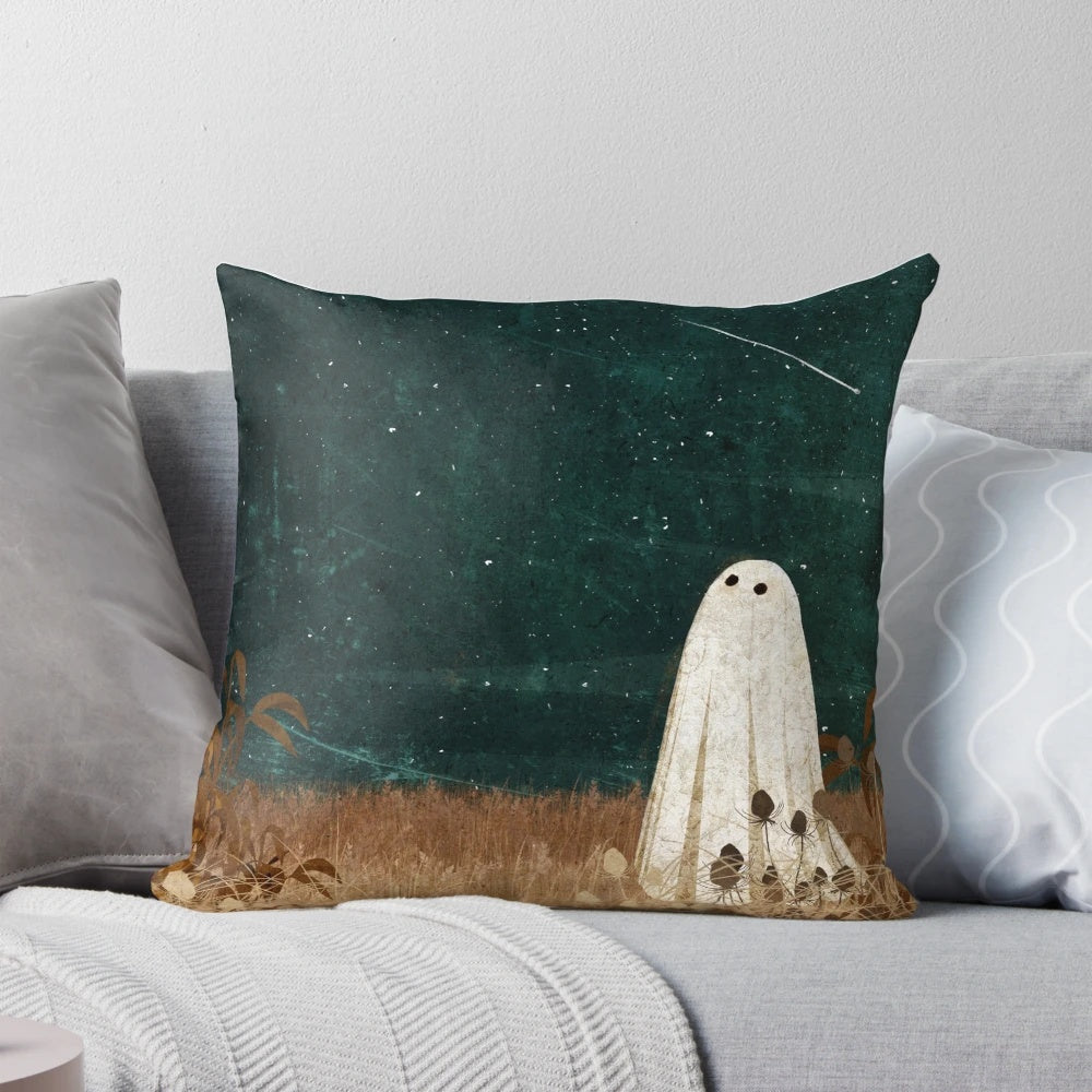 Pillow with a digital illustration of a night sky filled with shooting stars and meteors