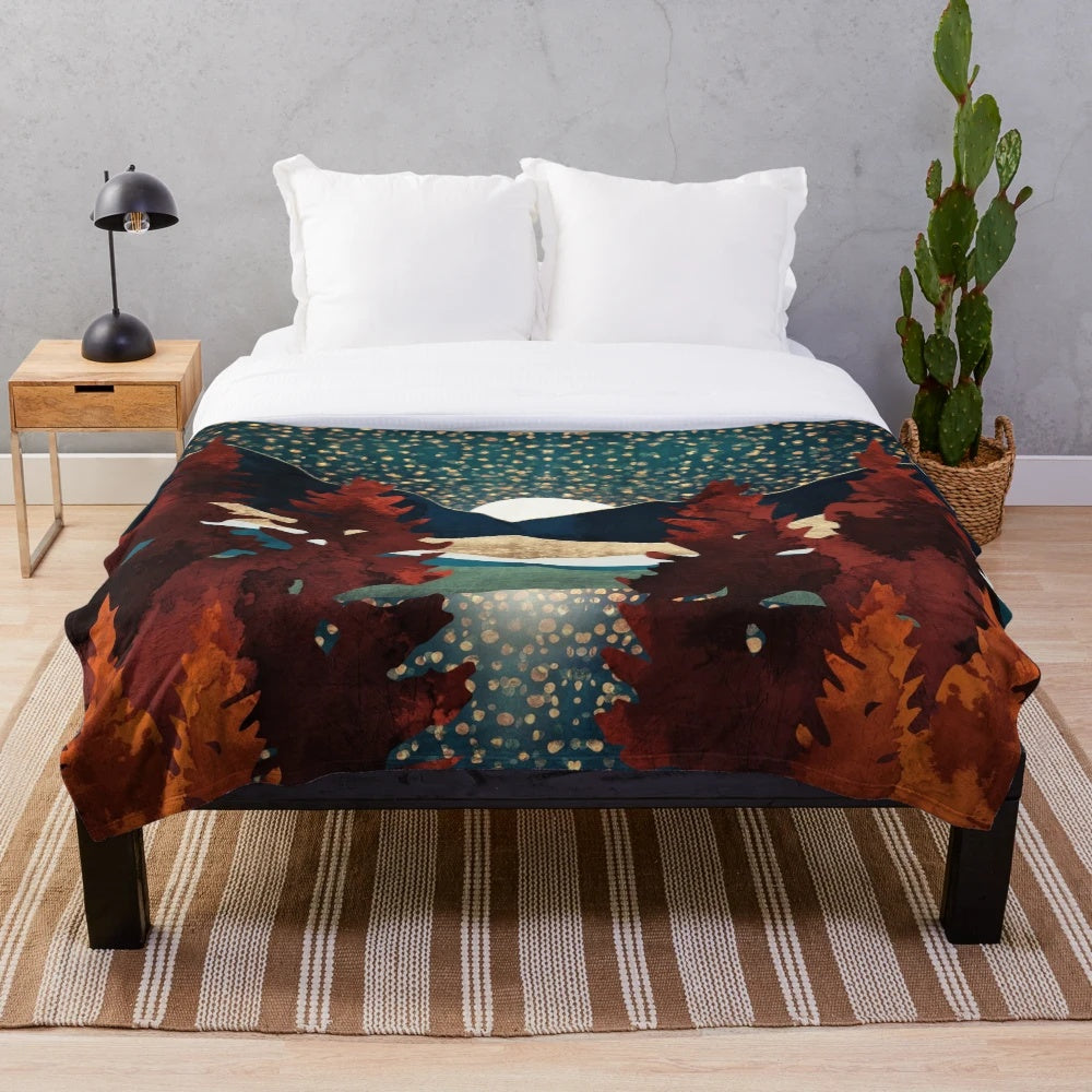 Plush blanket featuring a serene night sky reflection in a natural landscape