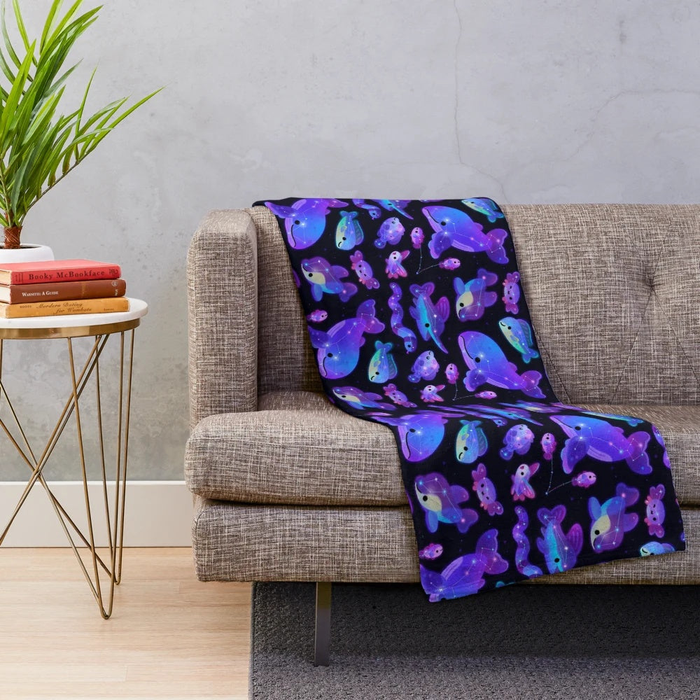Celestial Ocean-Inspired Plush Blanket with Constellation, Marine Life, and Star Patterns