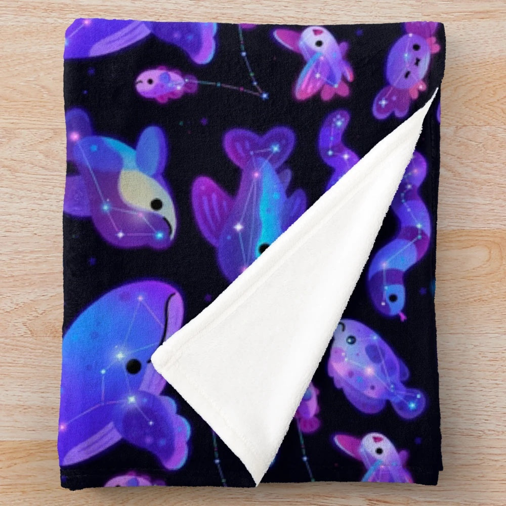 Celestial Ocean-Inspired Plush Blanket with Constellation, Marine Life, and Star Patterns