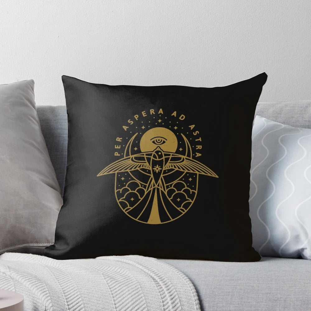 A decorative throw pillow featuring the Latin quote "Per Aspera Ad Astra" against a starry night sky backdrop.