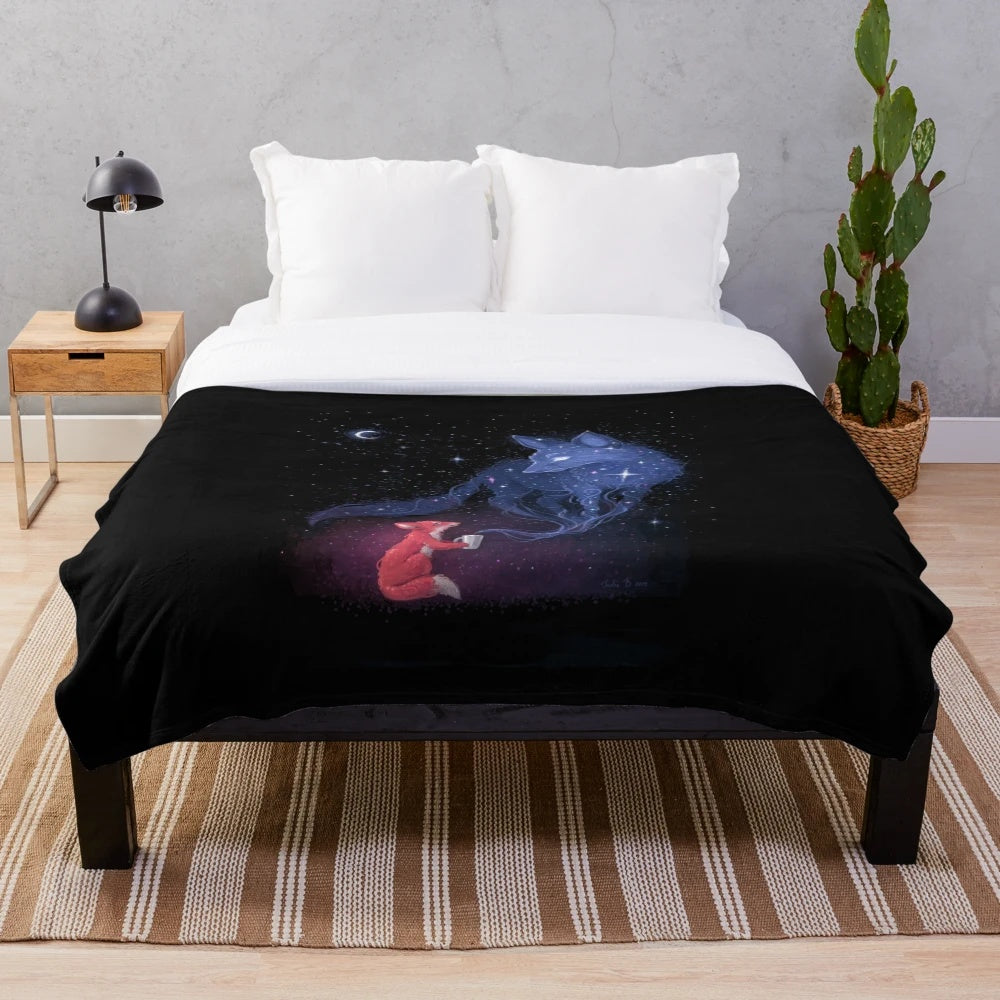 Celestial plush blanket with stars, moon, and fantasy creatures