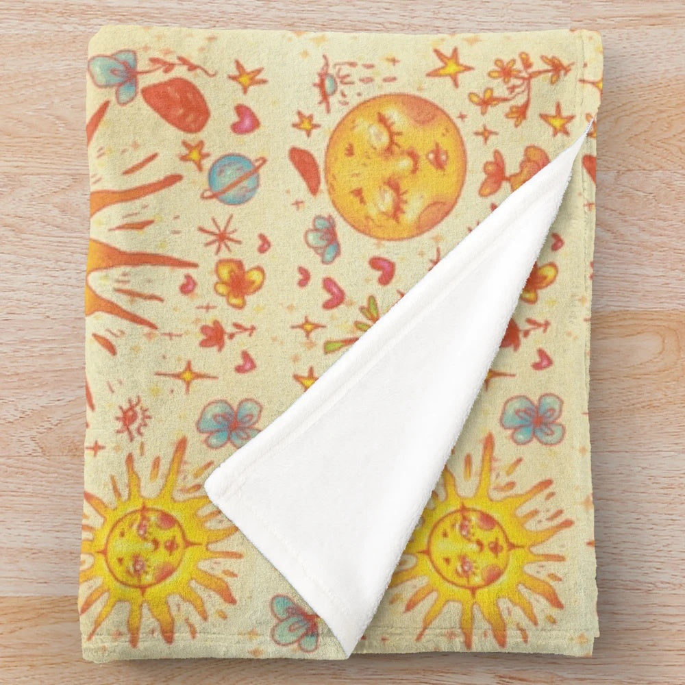 Celestial plush blanket with floral and moon design