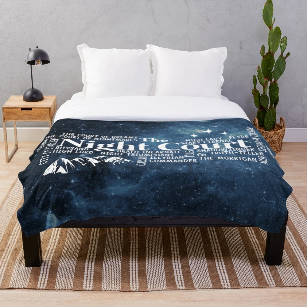 Plush blanket featuring a typography design inspired by The Night Court from the fantasy book series A Court of Thorns and Roses by Sarah J. Maas