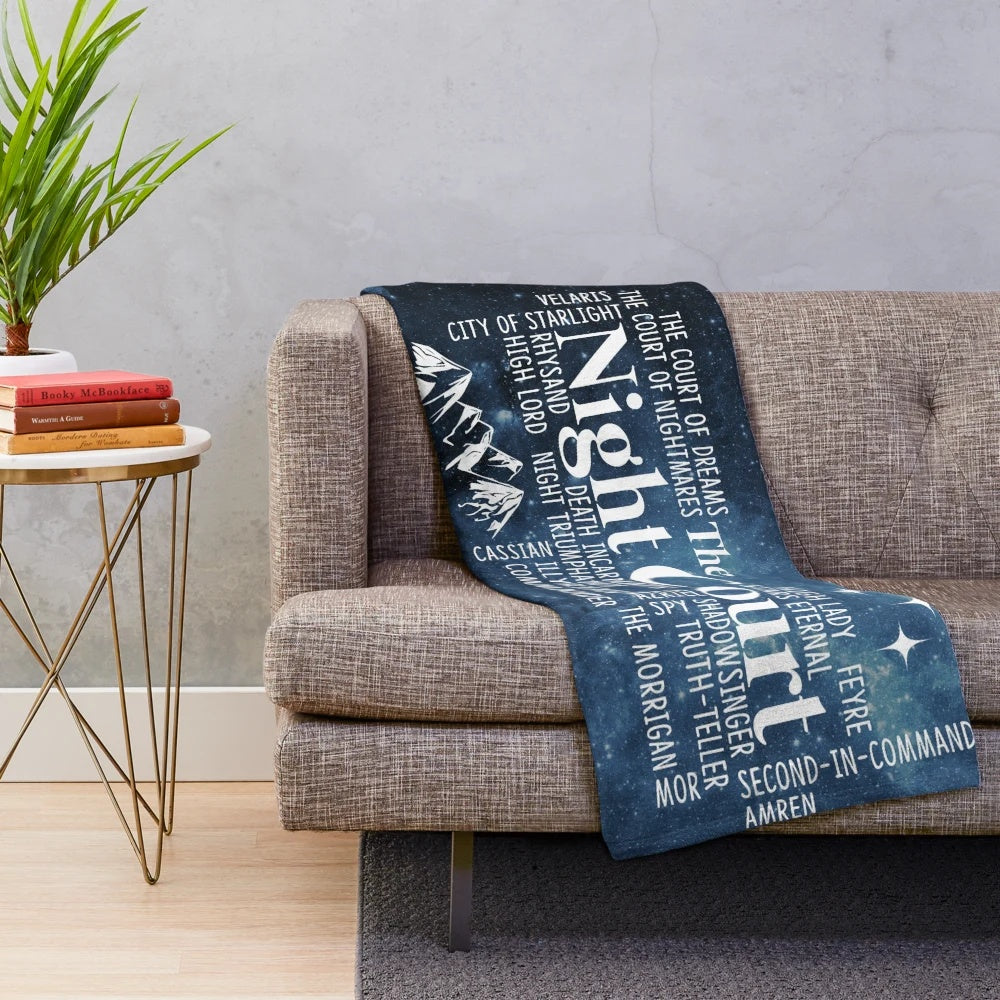 Plush blanket featuring a typography design inspired by The Night Court from the fantasy book series A Court of Thorns and Roses by Sarah J. Maas