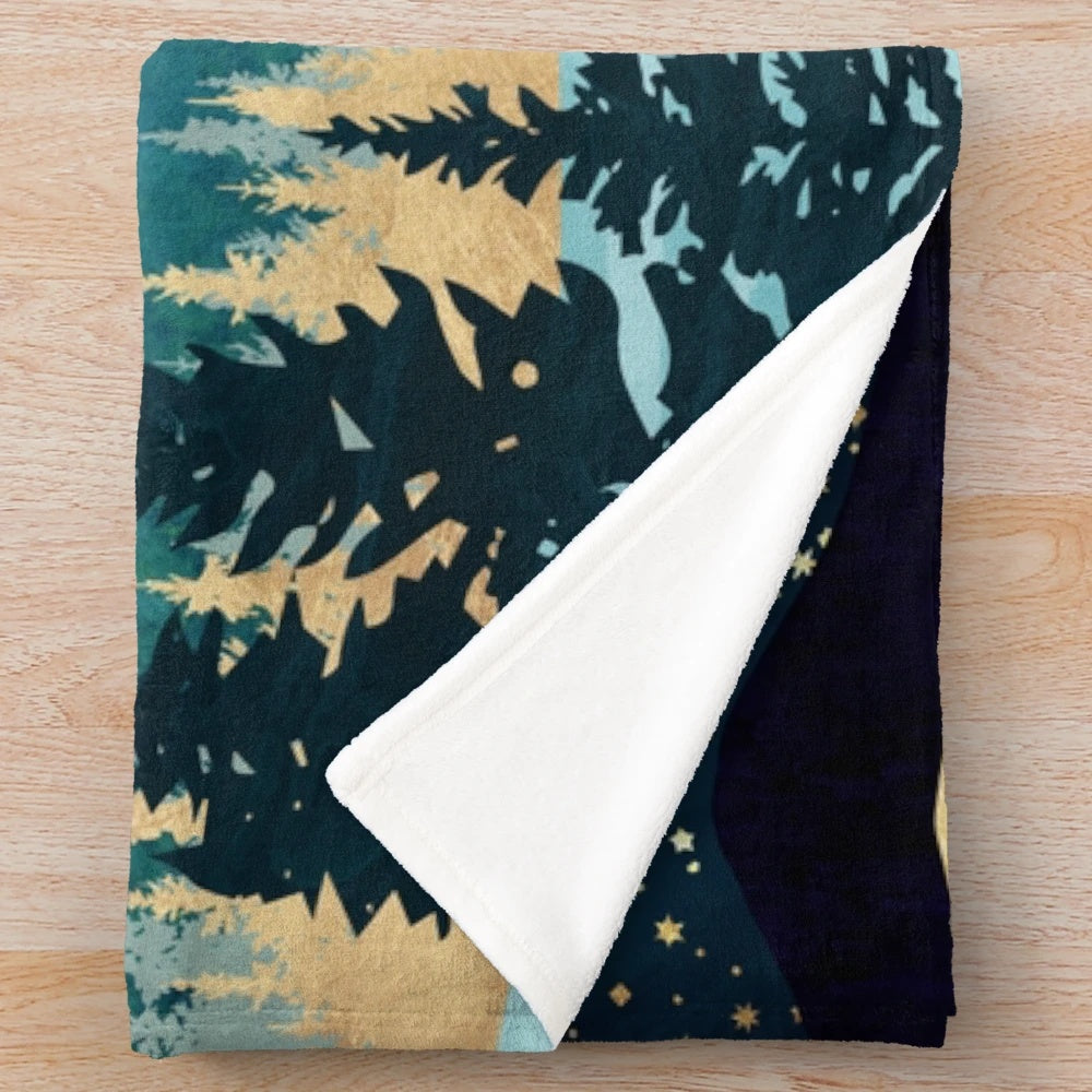 Plush blanket with a nature-inspired celestial design featuring stars, a mountain lake, and evergreen forest