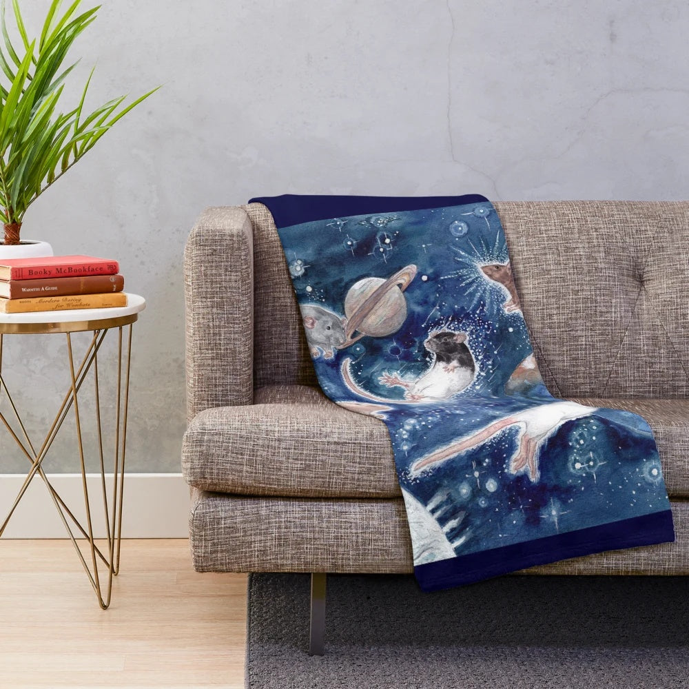 Plush blanket featuring a star-filled design with a rat silhouette