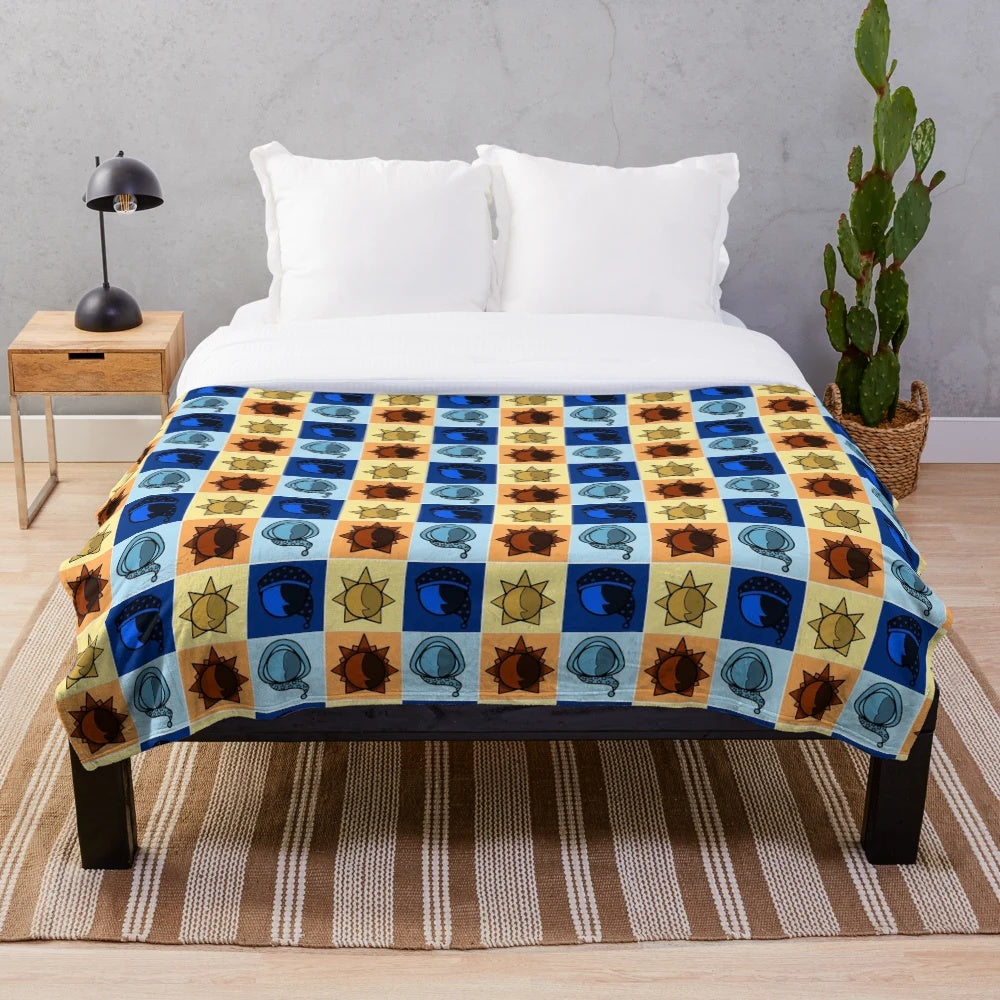 Soft and cozy plush blanket featuring a celestial design of the sun and moon