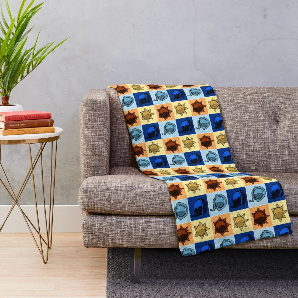 Soft and cozy plush blanket featuring a celestial design of the sun and moon